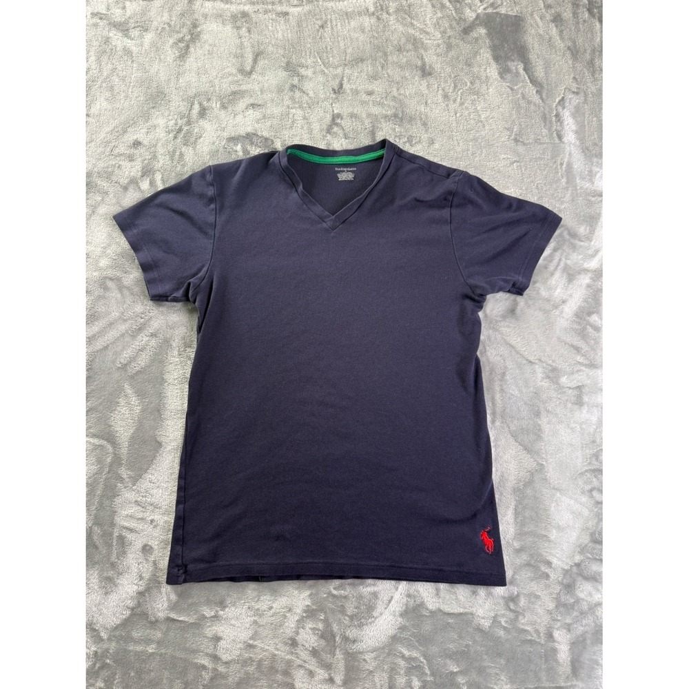 Polo Ralph Lauren Men's V-Neck T-Shirt Navy Blue Cotton Red Pony Logo Size M